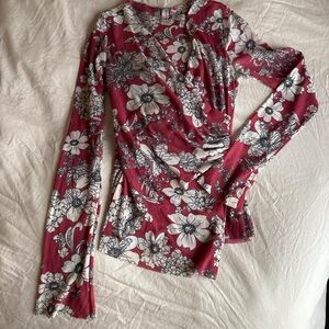 Floral Wrap-Style Long Sleeve Top in Wine